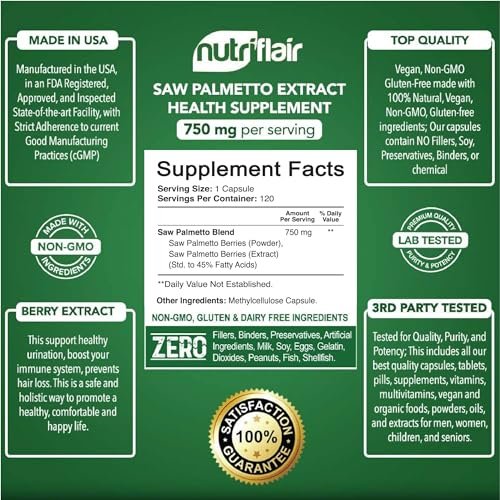 NutriFlair Sägepalmen-Extrakt 750mg, 120 Kapseln – Natürliches Prostatapräparat & Beeren-Gesundheitsunterstützung – Hilft DHT zu blockieren, Haarausfall vorzubeugen und häufiges Wasserlassen zu reduzieren, für Frauen und Männer