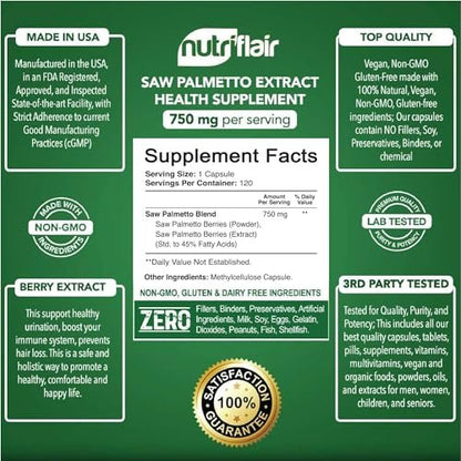 NutriFlair Sägepalmen-Extrakt 750mg, 120 Kapseln – Natürliches Prostatapräparat & Beeren-Gesundheitsunterstützung – Hilft DHT zu blockieren, Haarausfall vorzubeugen und häufiges Wasserlassen zu reduzieren, für Frauen und Männer