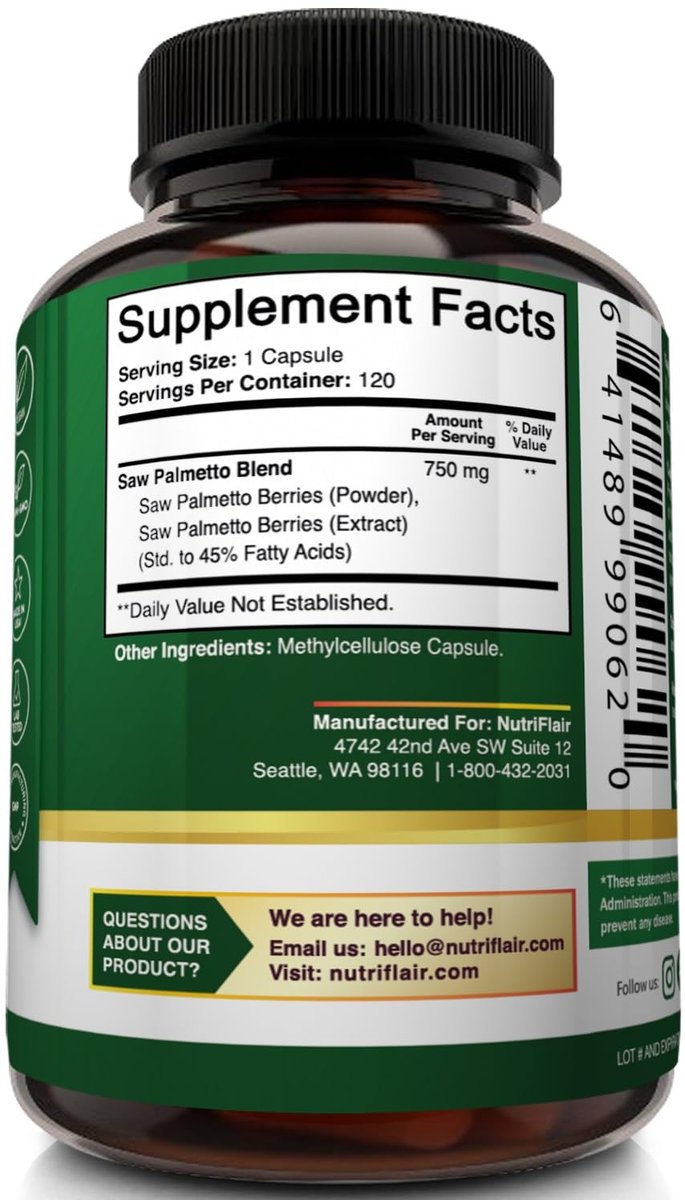 NutriFlair Sägepalmen-Extrakt 750mg, 120 Kapseln – Natürliches Prostatapräparat & Beeren-Gesundheitsunterstützung – Hilft DHT zu blockieren, Haarausfall vorzubeugen und häufiges Wasserlassen zu reduzieren, für Frauen und Männer