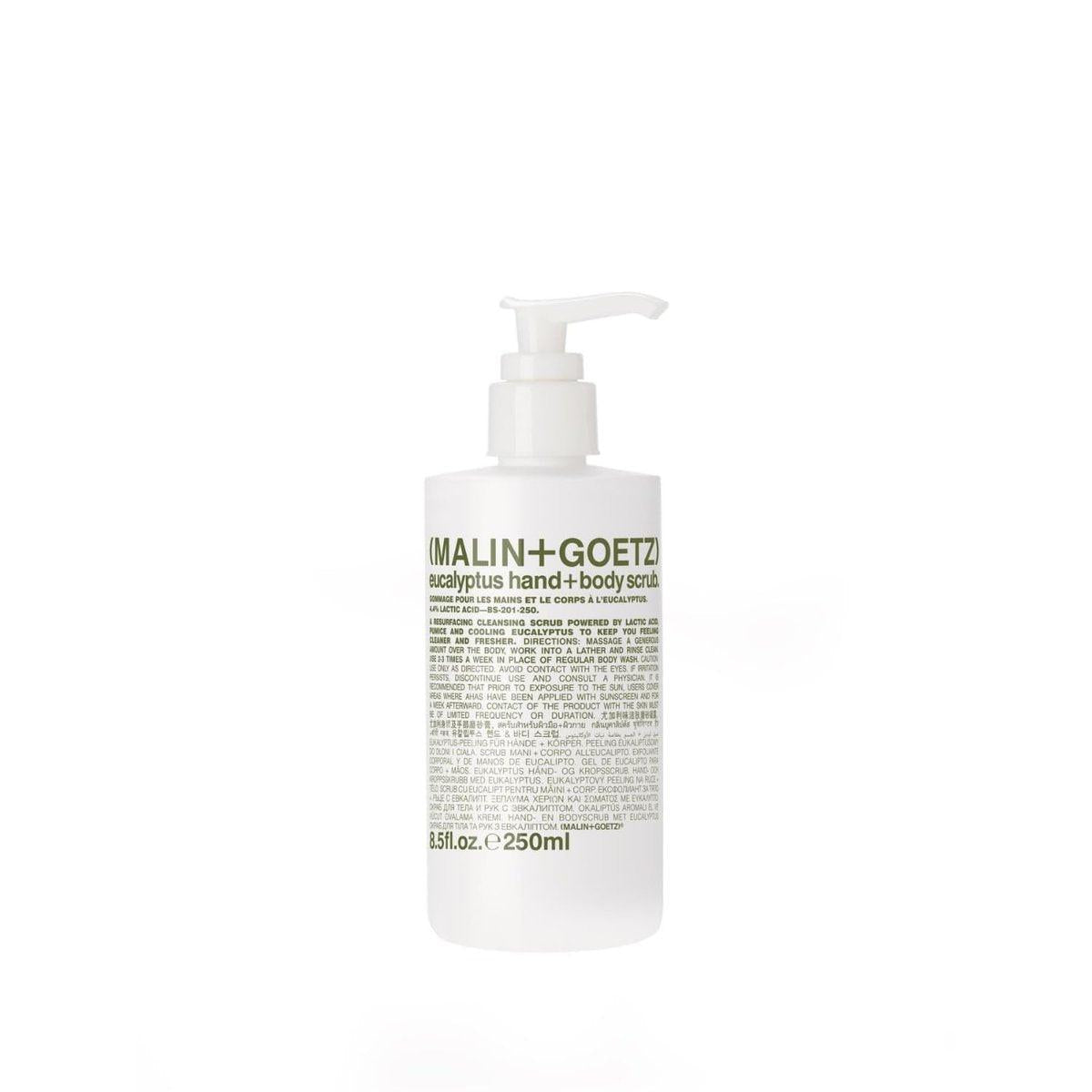 MALIN+GOETZ Eucalyptus Hand+Body Scrub | Peeling mit Milchsäure, Mandelsäure, Bimsstein + Niacinamid | Tiefenreinigung, Glättung + Aufhellung | Vegan, tierversuchsfrei, parabenfrei (250 ml)