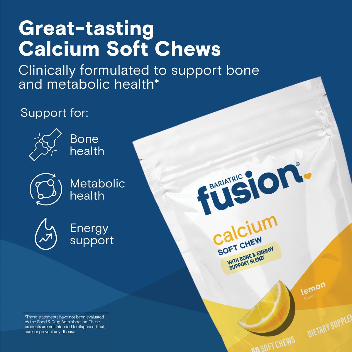 Bariatric Fusion Calcium Supplement Chews | Calciumcitrat mit Vitamin D3 | Zuckerfrei | 500mg | Zitrone | 60 Stück