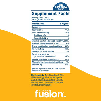 Bariatric Fusion Calcium Supplement Chews | Calciumcitrat mit Vitamin D3 | Zuckerfrei | 500mg | Zitrone | 60 Stück