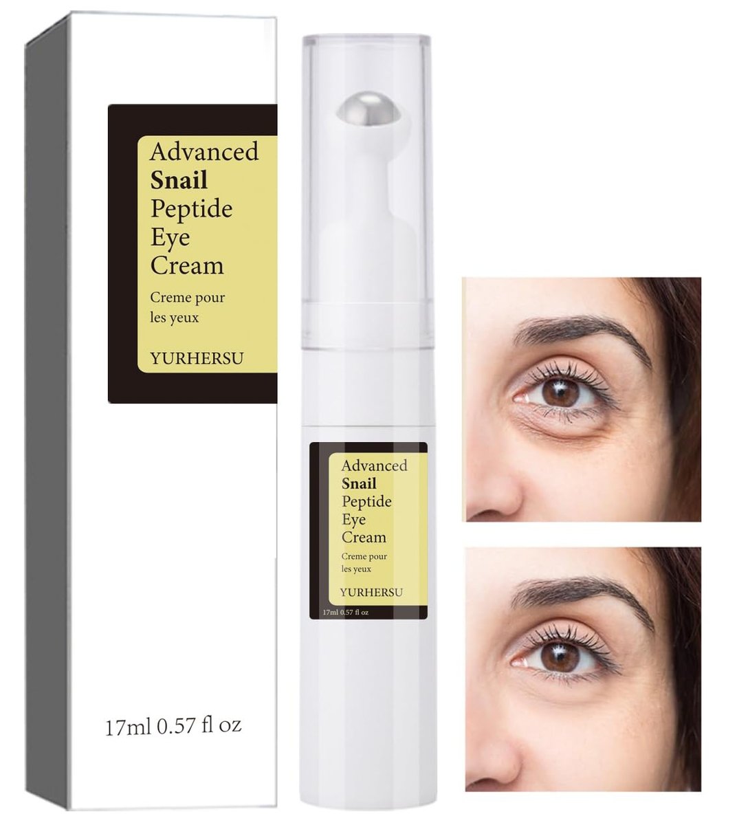 ELCHHIRSCH Snail Peptide Augencreme mit 73% Schneckenschleim & 2% Nicotinamid gegen dunkle Augenringe, Schwellungen & Falten, mit 360° Massageroller, 0,57 fl oz