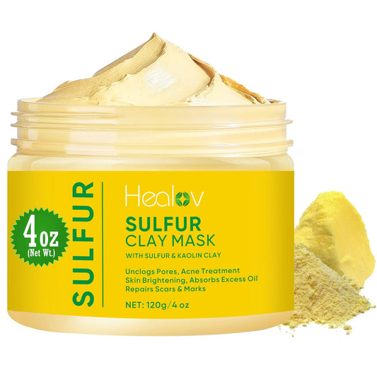 Healov Schwefel Gesichtsmaske – Natürliche Schwefel-Tonerde-Maske für strahlende Haut gegen Akne, Mitesser und fettige Haut – Schwefel Akne Creme absorbiert überschüssiges Öl und befreit die Poren – Kaolin-Maske Behandlung