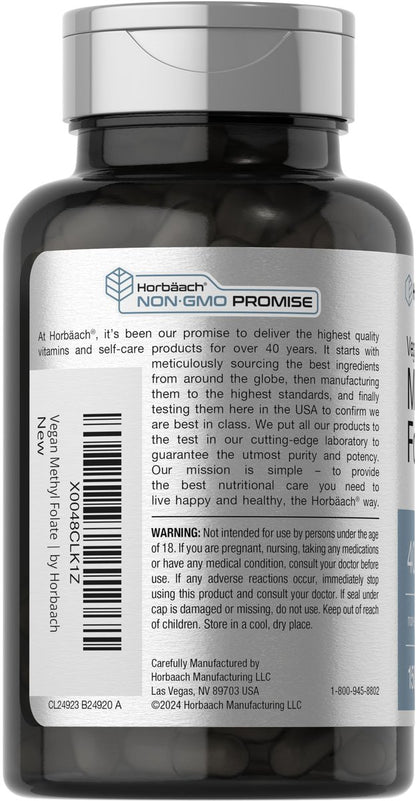 Horbäach Methylfolat 400 mcg | 150 vegane Kapseln | Non-GMO, glutenfrei | Nahrungsergänzungsmittel