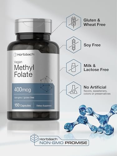 Horbäach Methylfolat 400 mcg | 150 vegane Kapseln | Non-GMO, glutenfrei | Nahrungsergänzungsmittel