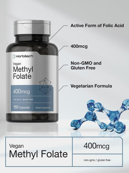 Horbäach Methylfolat 400 mcg | 150 vegane Kapseln | Non-GMO, glutenfrei | Nahrungsergänzungsmittel