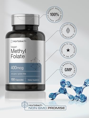 Horbäach Methylfolat 400 mcg | 150 vegane Kapseln | Non-GMO, glutenfrei | Nahrungsergänzungsmittel