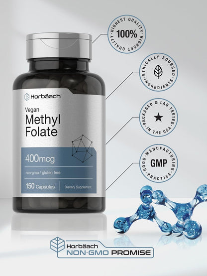 Horbäach Methylfolat 400 mcg | 150 vegane Kapseln | Non-GMO, glutenfrei | Nahrungsergänzungsmittel