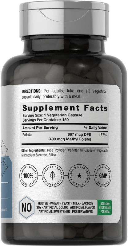 Horbäach Methylfolat 400 mcg | 150 vegane Kapseln | Non-GMO, glutenfrei | Nahrungsergänzungsmittel