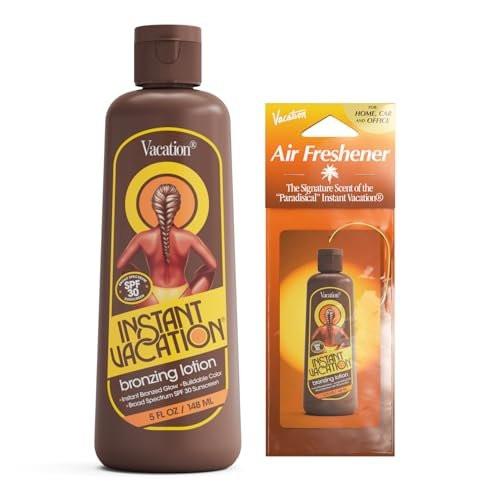 Instant Vacation SPF 30 Bräunungslotion & Lufterfrischer Bundle, leichte, aufbaubare Farbe, gleicht Hautton aus, Kakao-Haselnuss Duft, vegan, 148 ml