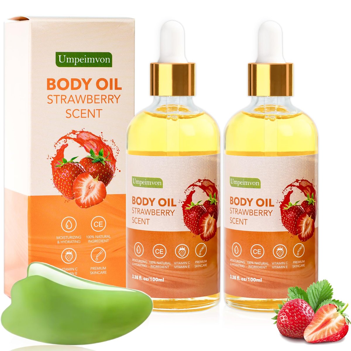 Umpeimvon 2er Pack 3,38 fl.oz Erdbeer-Körperöl nach dem Duschen, Vitamin C & E Gua Sha Körperöle, duftende Körperöle für Frauen, trockenes Körperöl-Saft für die Haut