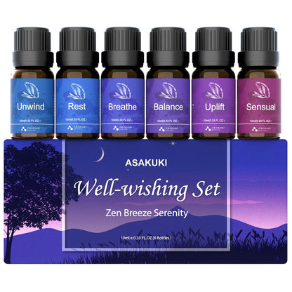 ASAKUKI Ätherische Öle für Diffuser – 6 Stimmungsölmischungen (Atmen, Aufmuntern, Sinnlich, Balance, Entspannen, Ruhe) für Morgen- bis Abendrituale, Zuhause & tägliche Nutzung – Geschenk für Mama
