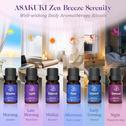 ASAKUKI Ätherische Öle für Diffuser – 6 Stimmungsölmischungen (Atmen, Aufmuntern, Sinnlich, Balance, Entspannen, Ruhe) für Morgen- bis Abendrituale, Zuhause & tägliche Nutzung – Geschenk für Mama