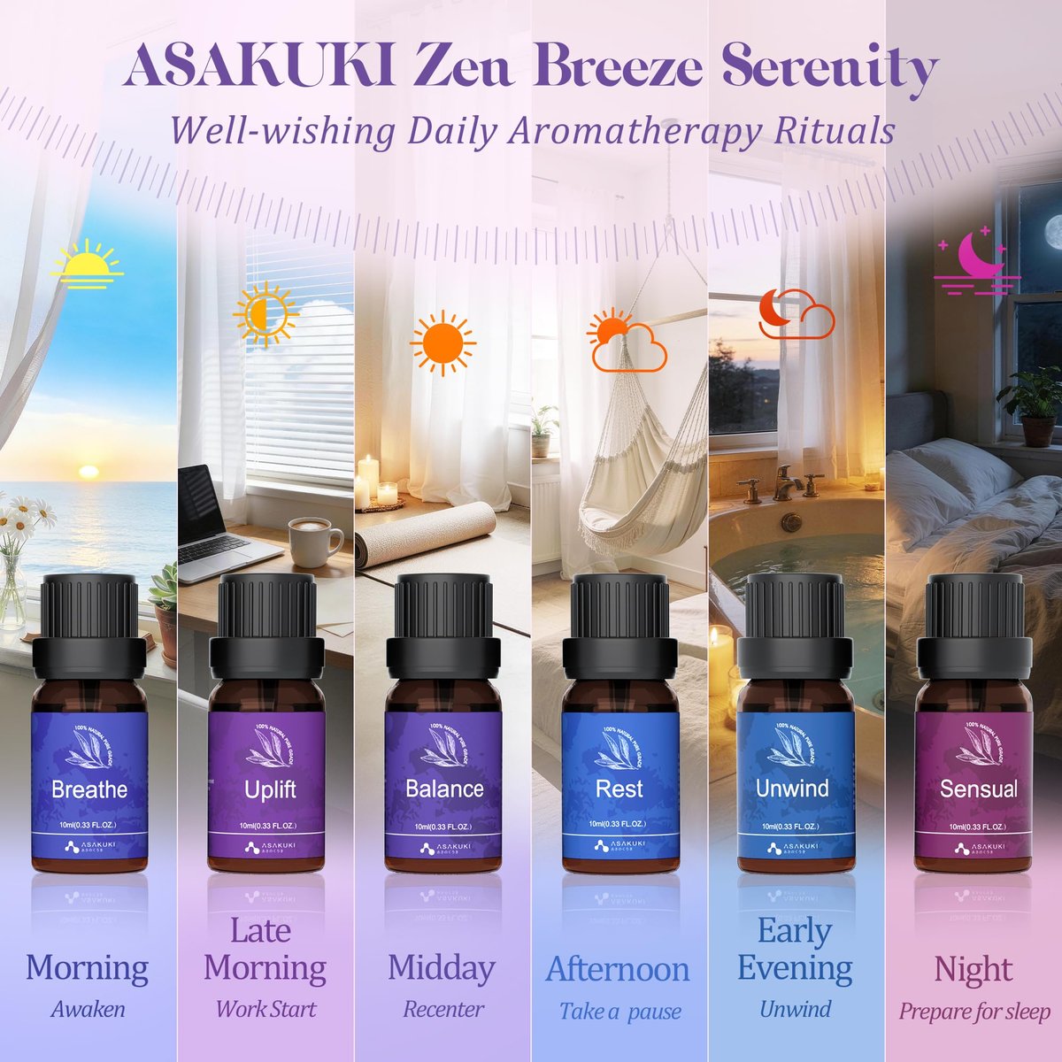 ASAKUKI Ätherische Öle für Diffuser – 6 Stimmungsölmischungen (Atmen, Aufmuntern, Sinnlich, Balance, Entspannen, Ruhe) für Morgen- bis Abendrituale, Zuhause & tägliche Nutzung – Geschenk für Mama
