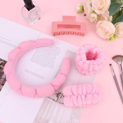 Wecoe Spa-Set – Makeup-Stirnband & Handgelenktücher, 4-Zoll-Haarklammer, süßer rosa plüschiger Schwamm-Knoten-Stirnband