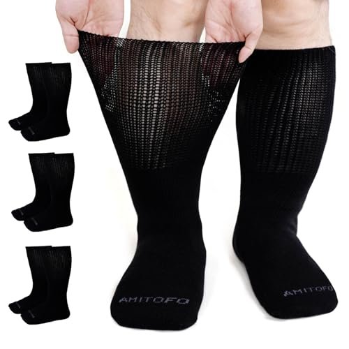 Extra Breite Socken für Geschwollene Füße: 3 Paar Weite Bariatrische Nicht-Einengende Diabetiker Krankenhaus Socken für Herren Damen Plus Size 9-13 bei Ödem Lymphödem Neuropathie Senioren Schwangere Schwarz