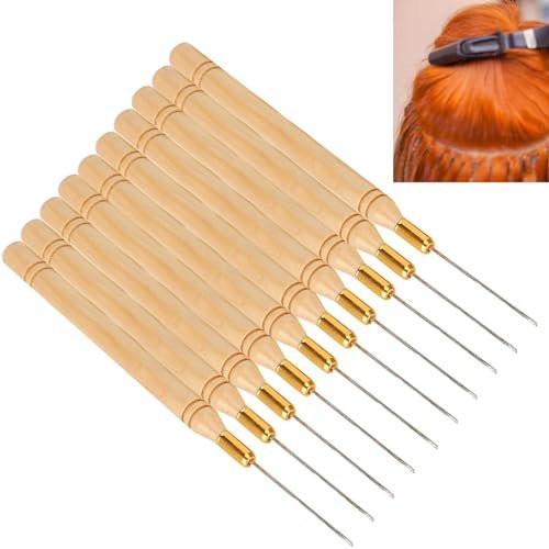 Chazcool 10-teiliges Häkelnadel-Set für Haarverlängerungen – Edelstahl-Hook-Nadel mit Holzgriff für Micro-Ringe und Perlen