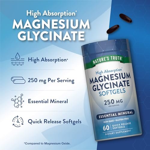 Nature's Truth Magnesiumglycinat Weichkapseln | 250 mg | 60 Stück | Hohe Bioverfügbarkeit | Non-GMO & Glutenfrei