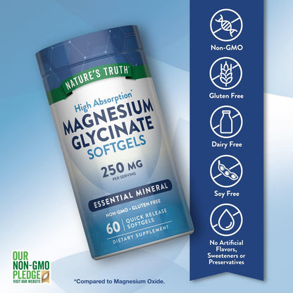 Nature's Truth Magnesiumglycinat Weichkapseln | 250 mg | 60 Stück | Hohe Bioverfügbarkeit | Non-GMO & Glutenfrei