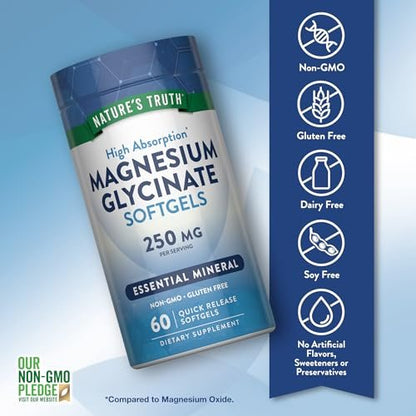 Nature's Truth Magnesiumglycinat Weichkapseln | 250 mg | 60 Stück | Hohe Bioverfügbarkeit | Non-GMO & Glutenfrei