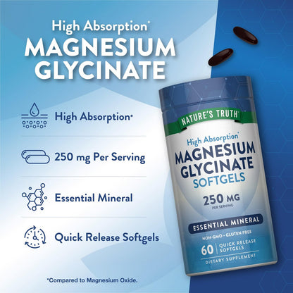 Nature's Truth Magnesiumglycinat Weichkapseln | 250 mg | 60 Stück | Hohe Bioverfügbarkeit | Non-GMO & Glutenfrei