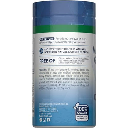 Nature's Truth Magnesiumglycinat Weichkapseln | 250 mg | 60 Stück | Hohe Bioverfügbarkeit | Non-GMO & Glutenfrei