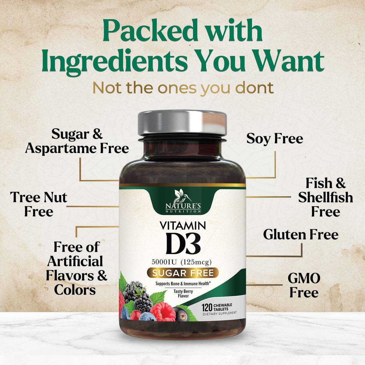 Vitamin D3 5000 IE (125 µg) pro Portion – Extra starke Vitamin-D-Kautabletten zur Unterstützung des Immunsystems – Knochen-, Zahn- und Muskelfunktion – Zuckerfrei, glutenfrei, in den USA abgefüllt – 120 Tabletten