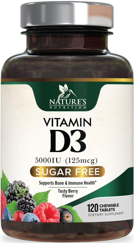 Vitamin D3 5000 IE (125 µg) pro Portion – Extra starke Vitamin-D-Kautabletten zur Unterstützung des Immunsystems – Knochen-, Zahn- und Muskelfunktion – Zuckerfrei, glutenfrei, in den USA abgefüllt – 120 Tabletten