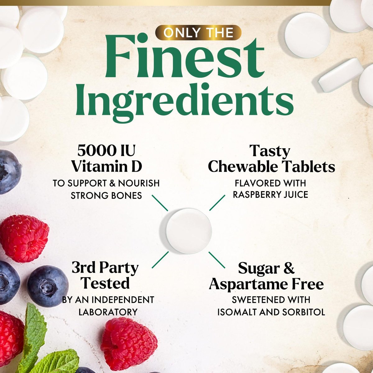 Vitamin D3 5000 IE (125 µg) pro Portion – Extra starke Vitamin-D-Kautabletten zur Unterstützung des Immunsystems – Knochen-, Zahn- und Muskelfunktion – Zuckerfrei, glutenfrei, in den USA abgefüllt – 120 Tabletten