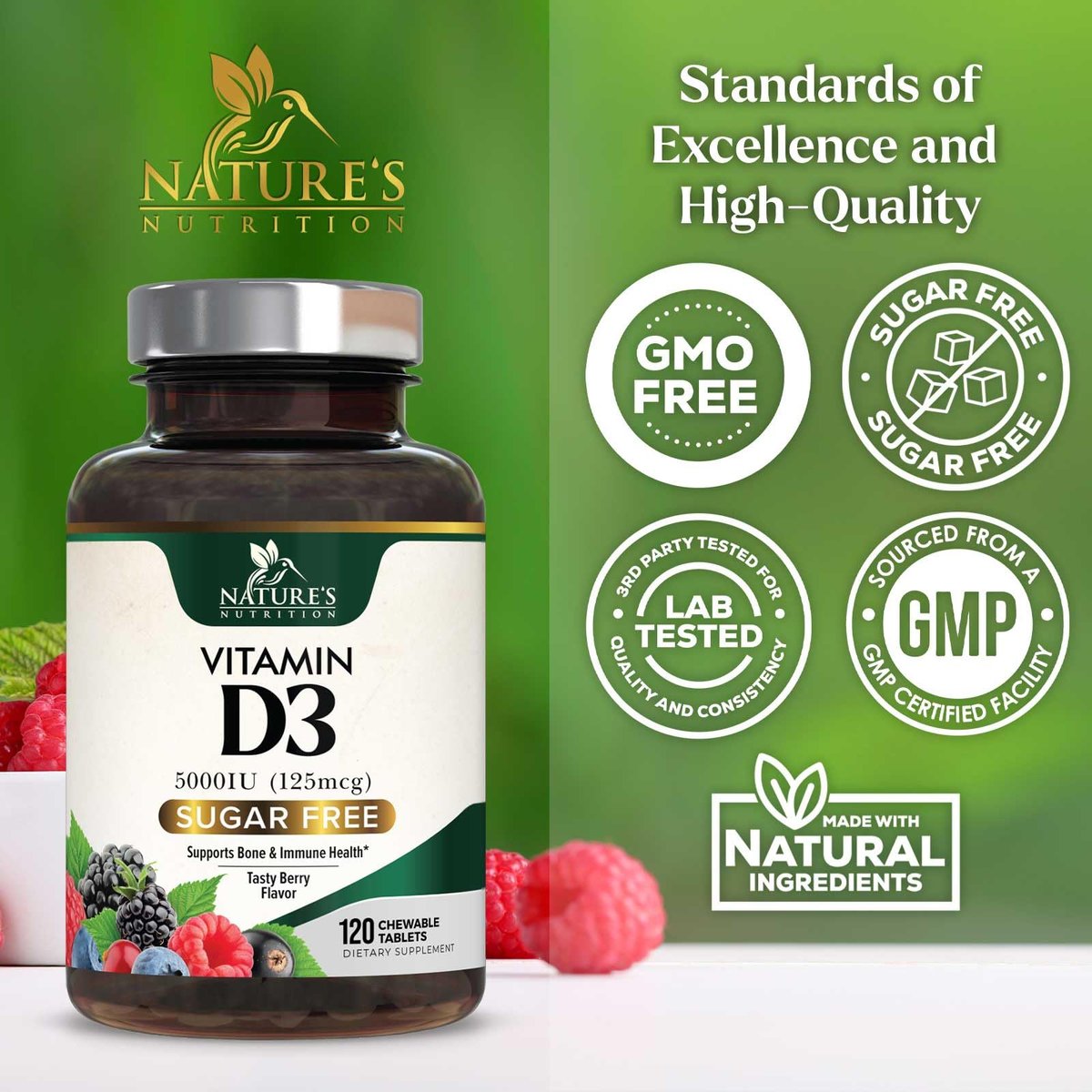 Vitamin D3 5000 IE (125 µg) pro Portion – Extra starke Vitamin-D-Kautabletten zur Unterstützung des Immunsystems – Knochen-, Zahn- und Muskelfunktion – Zuckerfrei, glutenfrei, in den USA abgefüllt – 120 Tabletten