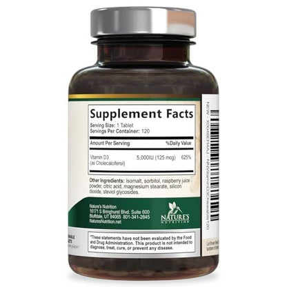 Vitamin D3 5000 IE (125 µg) pro Portion – Extra starke Vitamin-D-Kautabletten zur Unterstützung des Immunsystems – Knochen-, Zahn- und Muskelfunktion – Zuckerfrei, glutenfrei, in den USA abgefüllt – 120 Tabletten