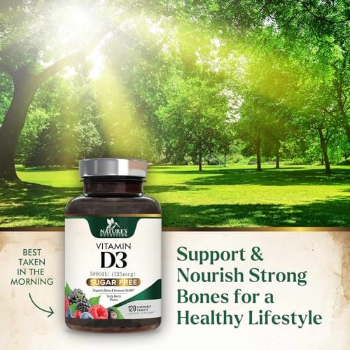 Vitamin D3 5000 IE (125 µg) pro Portion – Extra starke Vitamin-D-Kautabletten zur Unterstützung des Immunsystems – Knochen-, Zahn- und Muskelfunktion – Zuckerfrei, glutenfrei, in den USA abgefüllt – 120 Tabletten