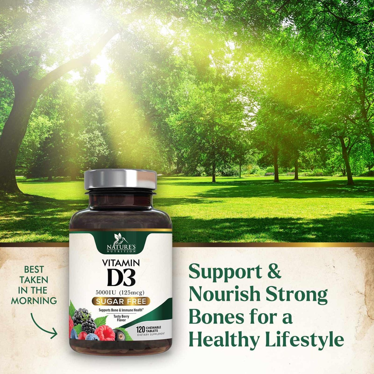 Vitamin D3 5000 IE (125 µg) pro Portion – Extra starke Vitamin-D-Kautabletten zur Unterstützung des Immunsystems – Knochen-, Zahn- und Muskelfunktion – Zuckerfrei, glutenfrei, in den USA abgefüllt – 120 Tabletten