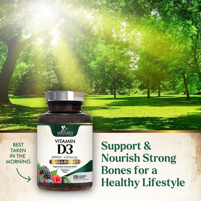 Vitamin D3 5000 IE (125 µg) pro Portion – Extra starke Vitamin-D-Kautabletten zur Unterstützung des Immunsystems – Knochen-, Zahn- und Muskelfunktion – Zuckerfrei, glutenfrei, in den USA abgefüllt – 120 Tabletten
