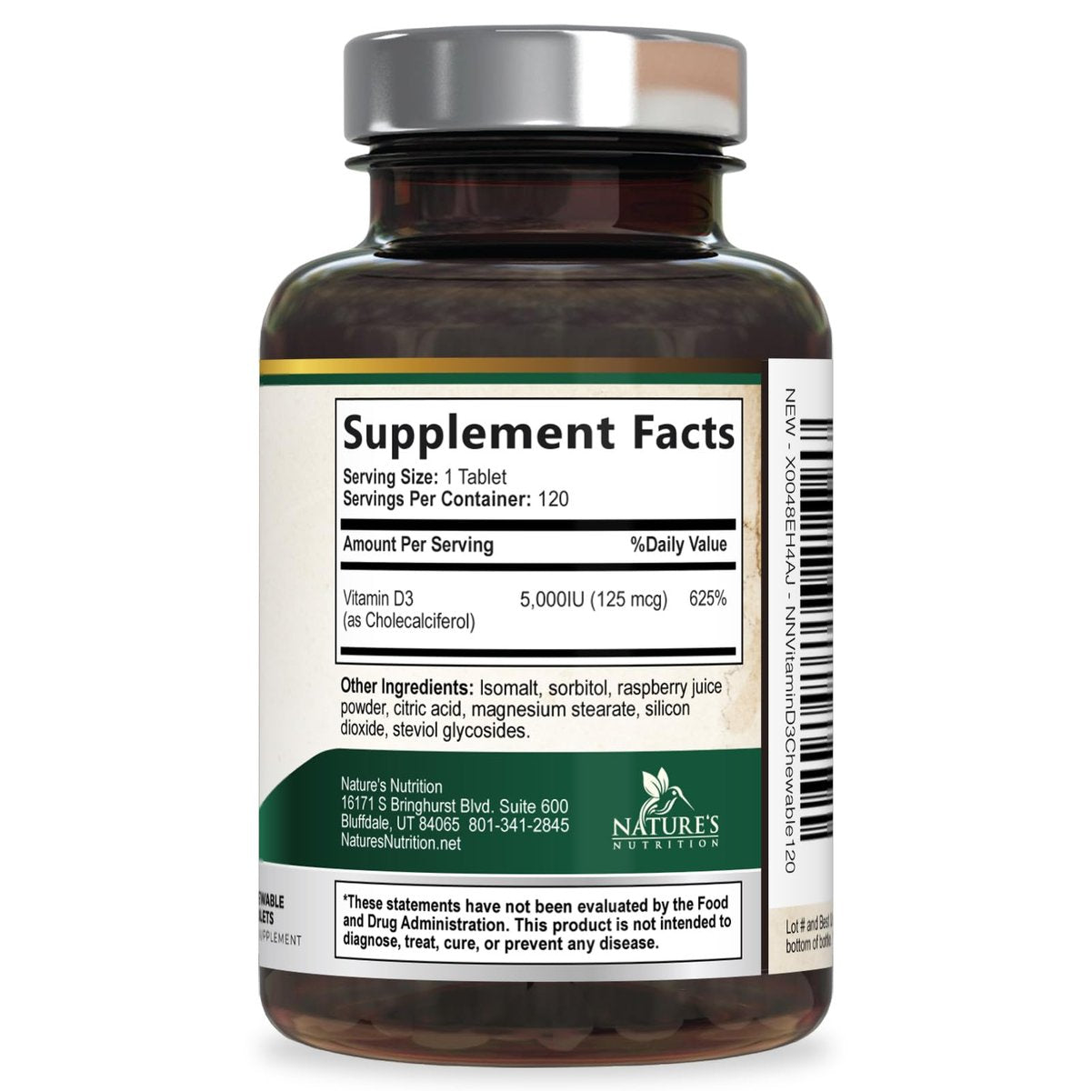 Vitamin D3 5000 IE (125 µg) pro Portion – Extra starke Vitamin-D-Kautabletten zur Unterstützung des Immunsystems – Knochen-, Zahn- und Muskelfunktion – Zuckerfrei, glutenfrei, in den USA abgefüllt – 120 Tabletten
