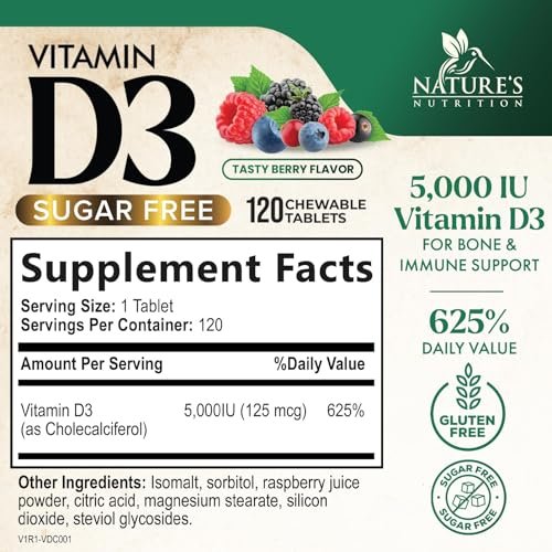 Vitamin D3 5000 IE (125 µg) pro Portion – Extra starke Vitamin-D-Kautabletten zur Unterstützung des Immunsystems – Knochen-, Zahn- und Muskelfunktion – Zuckerfrei, glutenfrei, in den USA abgefüllt – 120 Tabletten