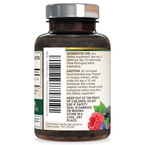 Vitamin D3 5000 IE (125 µg) pro Portion – Extra starke Vitamin-D-Kautabletten zur Unterstützung des Immunsystems – Knochen-, Zahn- und Muskelfunktion – Zuckerfrei, glutenfrei, in den USA abgefüllt – 120 Tabletten