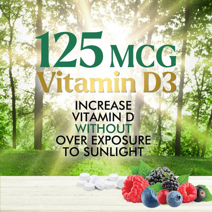 Vitamin D3 5000 IE (125 µg) pro Portion – Extra starke Vitamin-D-Kautabletten zur Unterstützung des Immunsystems – Knochen-, Zahn- und Muskelfunktion – Zuckerfrei, glutenfrei, in den USA abgefüllt – 120 Tabletten