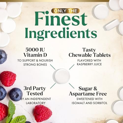 Vitamin D3 5000 IE (125 µg) pro Portion – Extra starke Vitamin-D-Kautabletten zur Unterstützung des Immunsystems – Knochen-, Zahn- und Muskelfunktion – Zuckerfrei, glutenfrei, in den USA abgefüllt – 120 Tabletten