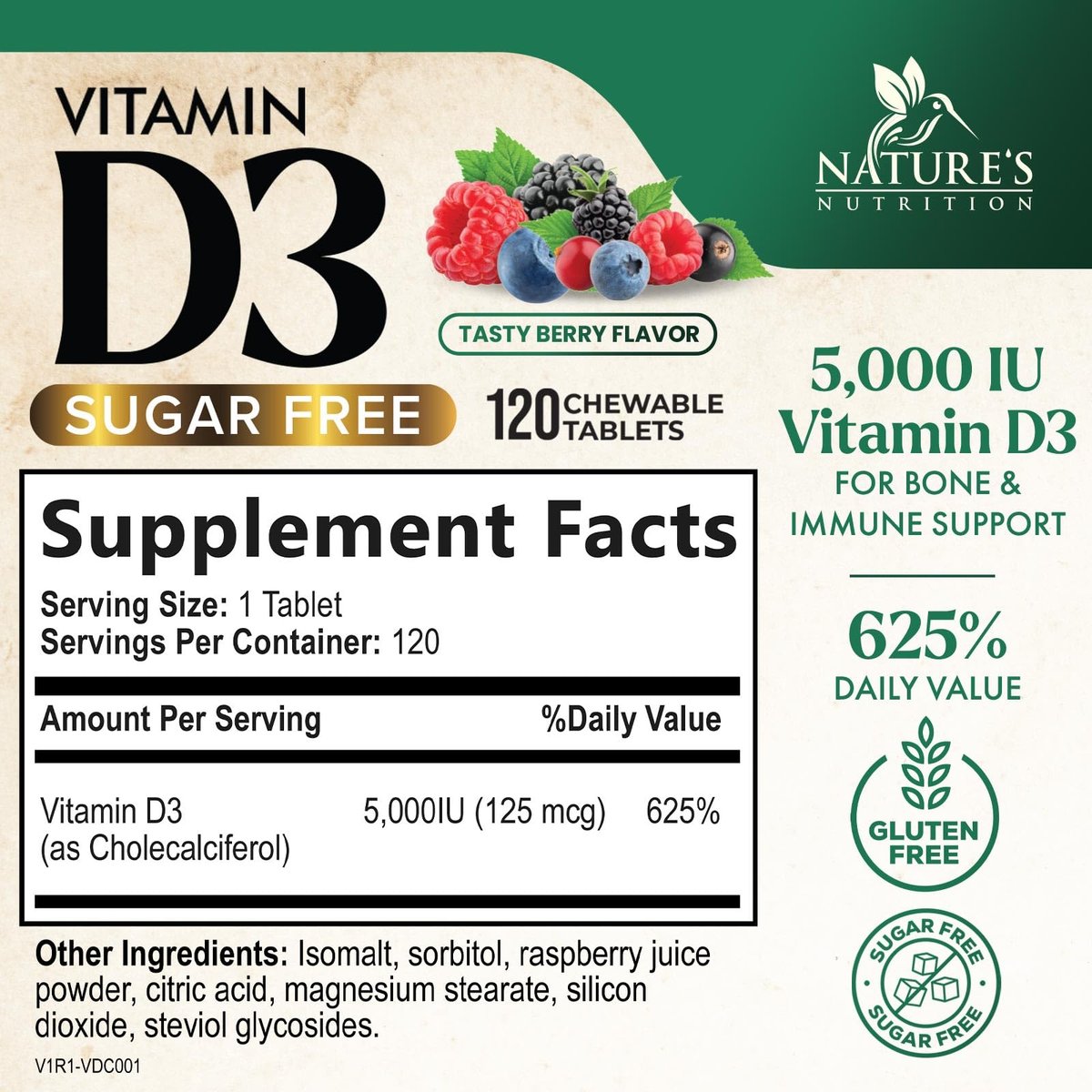 Vitamin D3 5000 IE (125 µg) pro Portion – Extra starke Vitamin-D-Kautabletten zur Unterstützung des Immunsystems – Knochen-, Zahn- und Muskelfunktion – Zuckerfrei, glutenfrei, in den USA abgefüllt – 120 Tabletten