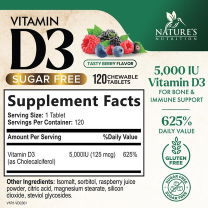 Vitamin D3 5000 IE (125 µg) pro Portion – Extra starke Vitamin-D-Kautabletten zur Unterstützung des Immunsystems – Knochen-, Zahn- und Muskelfunktion – Zuckerfrei, glutenfrei, in den USA abgefüllt – 120 Tabletten