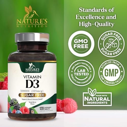 Vitamin D3 5000 IE (125 µg) pro Portion – Extra starke Vitamin-D-Kautabletten zur Unterstützung des Immunsystems – Knochen-, Zahn- und Muskelfunktion – Zuckerfrei, glutenfrei, in den USA abgefüllt – 120 Tabletten