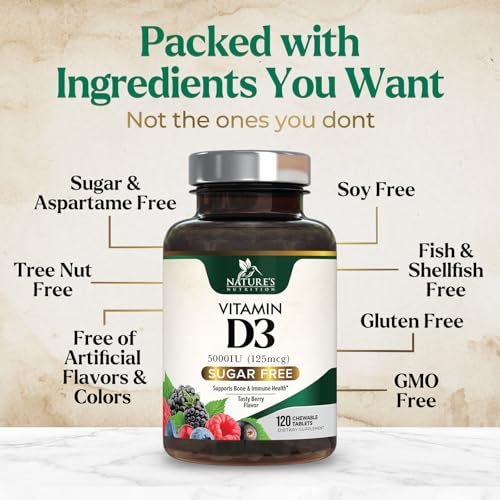 Vitamin D3 5000 IE (125 µg) pro Portion – Extra starke Vitamin-D-Kautabletten zur Unterstützung des Immunsystems – Knochen-, Zahn- und Muskelfunktion – Zuckerfrei, glutenfrei, in den USA abgefüllt – 120 Tabletten