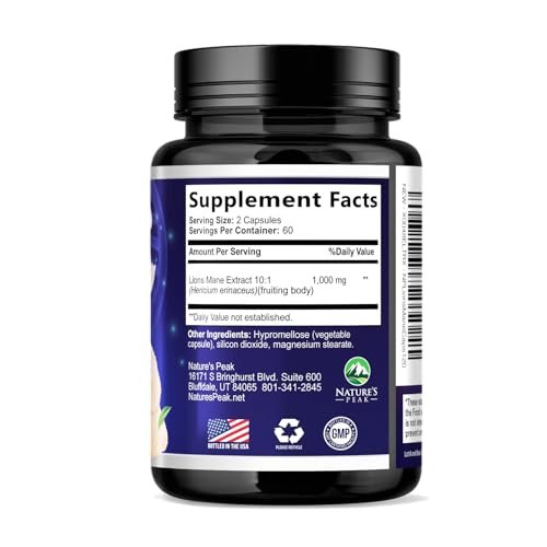 Löwenmähne Kapseln - 1000 mg pro Portion - Extra starke Lion’s Mane Pilz - Superfood für natürliche Gedächtnis-, Fokus-, Gehirn- und Immununterstützung - Hergestellt in USA - 120 Kapseln
