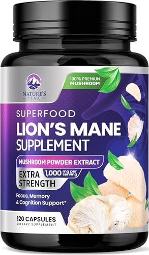 Löwenmähne Kapseln - 1000 mg pro Portion - Extra starke Lion’s Mane Pilz - Superfood für natürliche Gedächtnis-, Fokus-, Gehirn- und Immununterstützung - Hergestellt in USA - 120 Kapseln