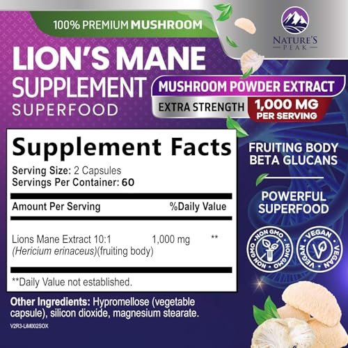 Löwenmähne Kapseln - 1000 mg pro Portion - Extra starke Lion’s Mane Pilz - Superfood für natürliche Gedächtnis-, Fokus-, Gehirn- und Immununterstützung - Hergestellt in USA - 120 Kapseln