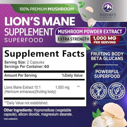 Löwenmähne Kapseln - 1000 mg pro Portion - Extra starke Lion’s Mane Pilz - Superfood für natürliche Gedächtnis-, Fokus-, Gehirn- und Immununterstützung - Hergestellt in USA - 120 Kapseln