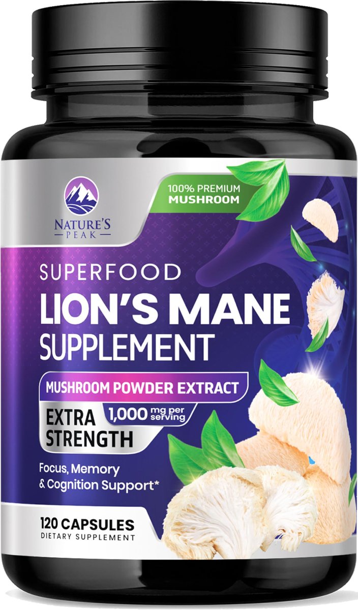 Löwenmähne Kapseln - 1000 mg pro Portion - Extra starke Lion’s Mane Pilz - Superfood für natürliche Gedächtnis-, Fokus-, Gehirn- und Immununterstützung - Hergestellt in USA - 120 Kapseln