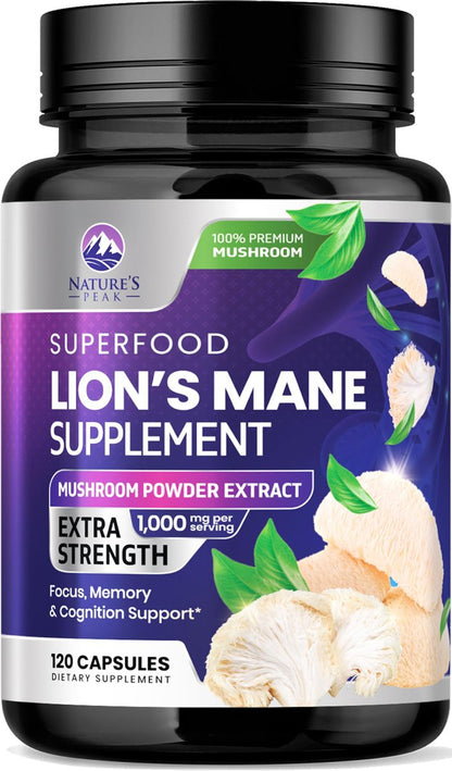 Löwenmähne Kapseln - 1000 mg pro Portion - Extra starke Lion’s Mane Pilz - Superfood für natürliche Gedächtnis-, Fokus-, Gehirn- und Immununterstützung - Hergestellt in USA - 120 Kapseln